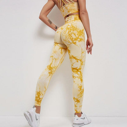 Stevvex Women's High Waisted Seamless Leggings in yellow tie-dye for gym workouts on Tampa Home & Garden Store