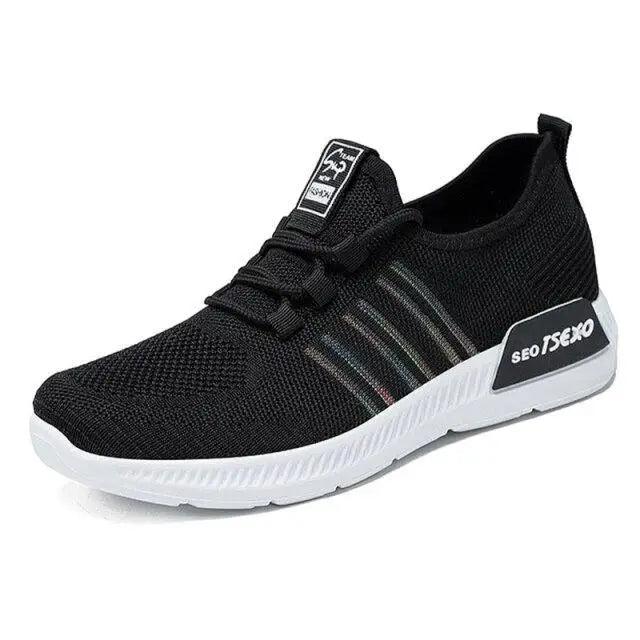 Women's black mesh breathable sneakers with white sole, lace-up, side detail, ST70105LIY on Tampa Home & Garden Store