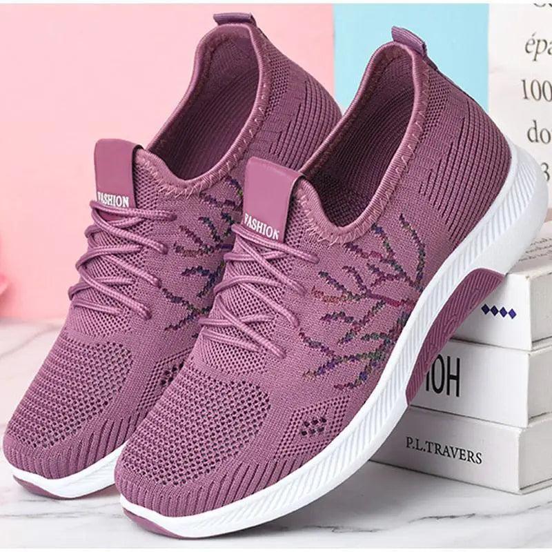 Women's mesh breathable sneakers by Stevvex lavender knit upper with white sole pair on Tampa Home & Garden Store