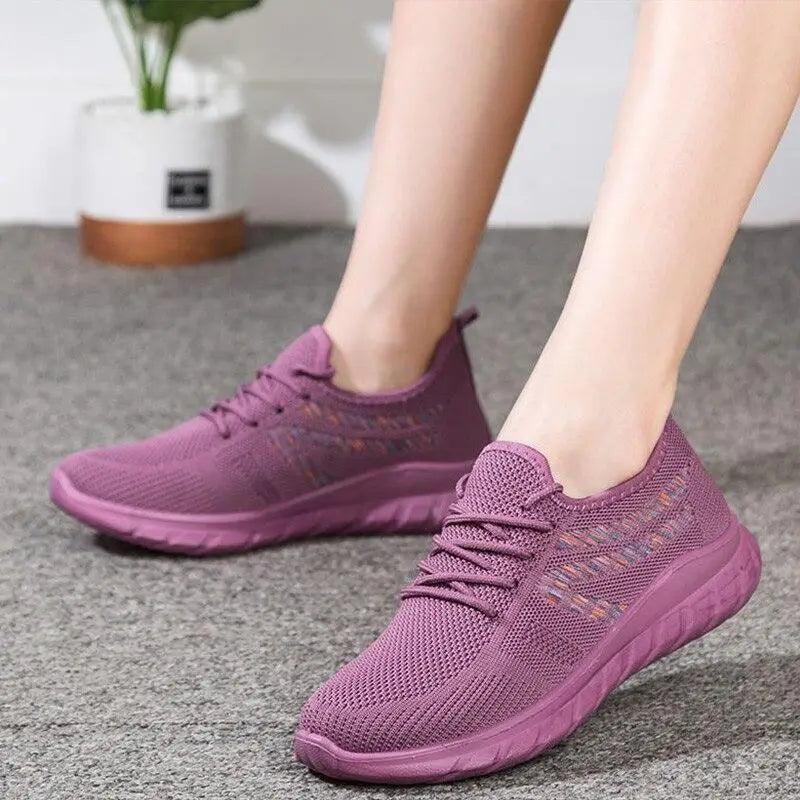 Women's mesh breathable sneakers purple knit Stevvex ST70105LIY pair on Tampa Home & Garden Store