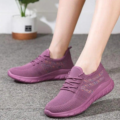 Women's mesh breathable sneakers purple knit Stevvex ST70105LIY pair on Tampa Home & Garden Store