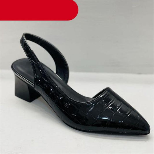 Stevvex black patent crocodile-embossed pointed toe slingback pump with mid square heel on Tampa Home & Garden Store