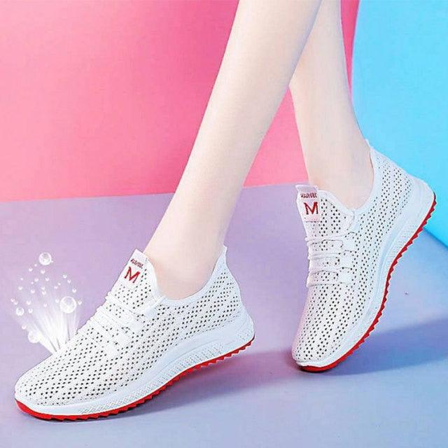 Stevvex women's running sneakers breathable white mesh with red outsole on Tampa Home & Garden Store