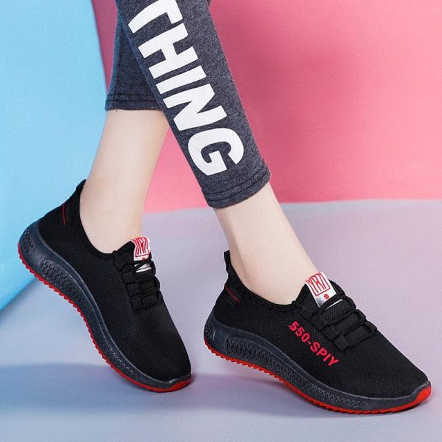 Stevvex Womens running sneakers black mesh upper red outsole lace-up casual walking shoes on Tampa Home & Garden Store