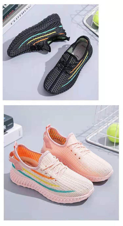 Women's running sneakers black breathable mesh with stripes; pink knit pair shown, two colorways on Tampa Home & Garden Store