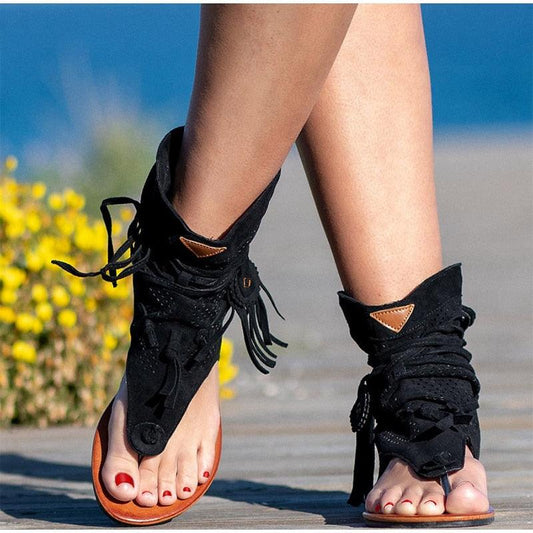 Women's Sandals Stevvex in black with fringe tassels and tan sole on Tampa Home & Garden Store