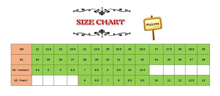 Stevvex women's sandals size chart with cm, EU and US grids in green on Tampa Home & Garden Store