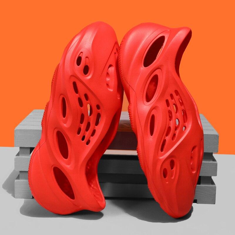 Stevvex red rubber sandals with hollow cutouts, unisex garden beach clogs pair on Tampa Home & Garden Store