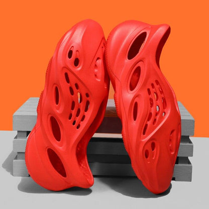 Stevvex red rubber sandals with hollow cutouts, unisex garden beach clogs pair on Tampa Home & Garden Store