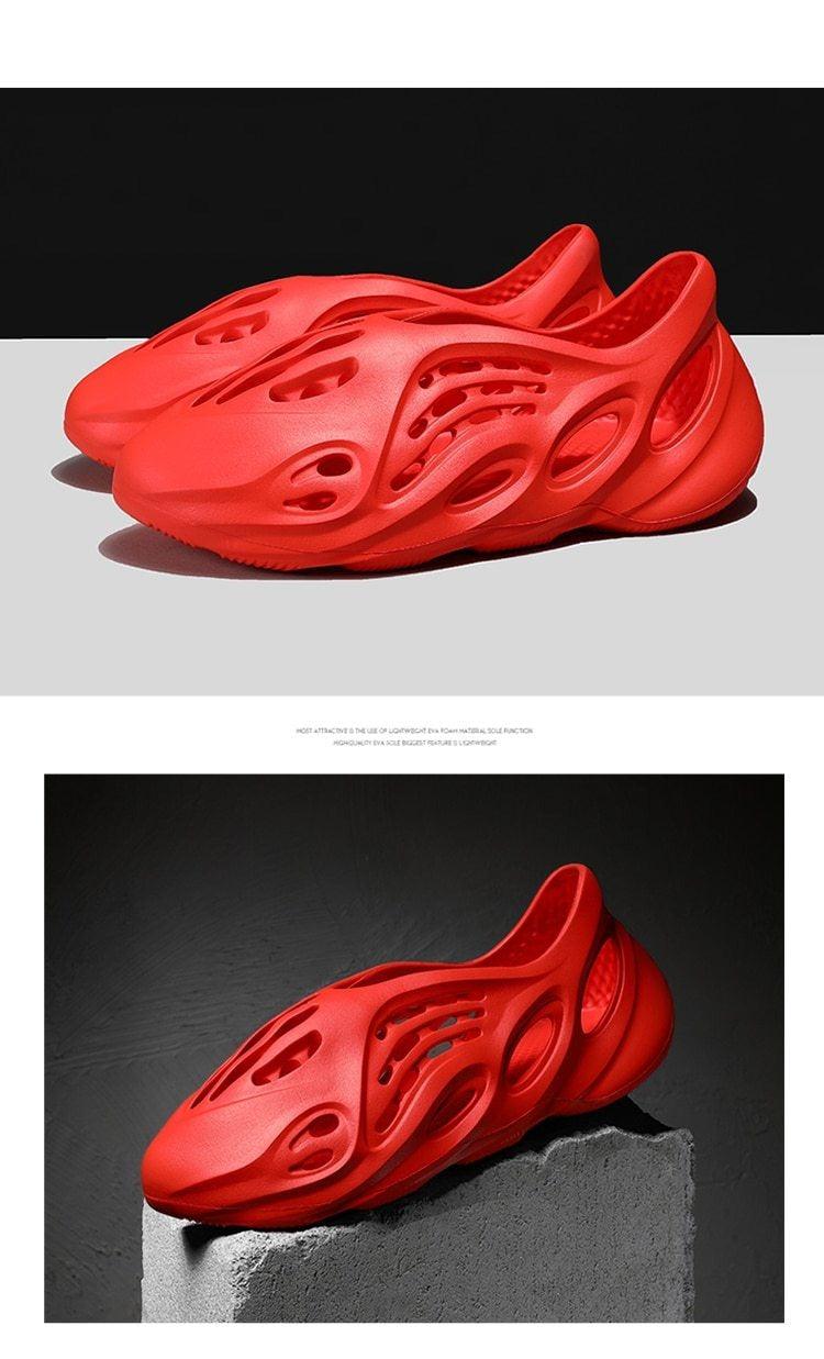 Stevvex red rubber hole sandals, unisex garden beach sandals with cutouts, two-angle views on Tampa Home & Garden Store