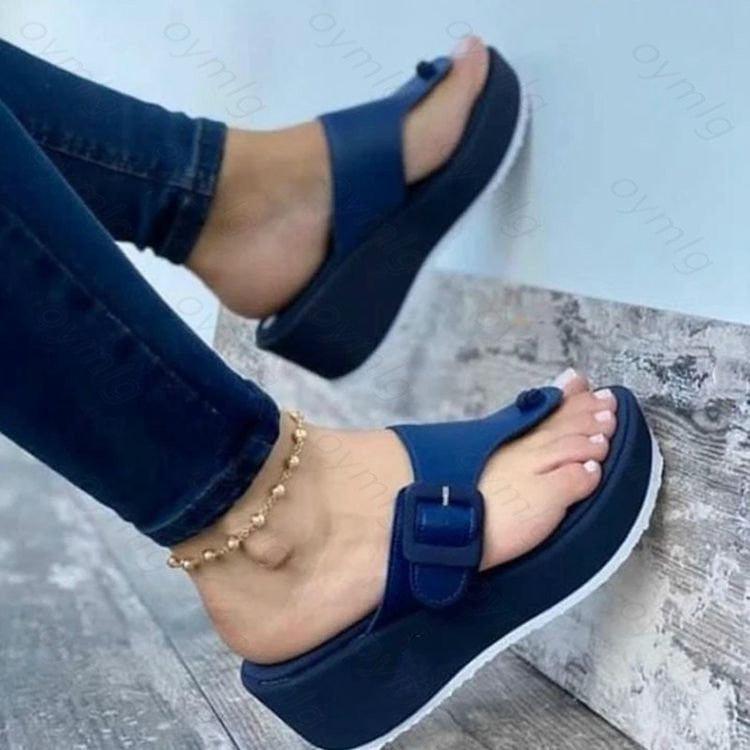 Women's blue platform sandals with clip-toe strap and buckle casual shoes non-slip sole on Tampa Home & Garden Store