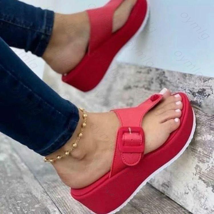Women's sandals red platform buckle strap leather casual shoes Stevvex on Tampa Home & Garden Store