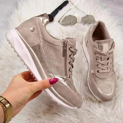 Stevvex Women's Shake sneakers, rose-gold metallic, lace-up, non-slip sole, 2 sneakers on Tampa Home & Garden Store