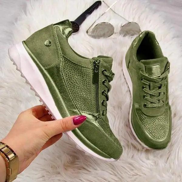 Women's Shake sneakers Stevvex olive green lace-up with mesh panels and white sole non-slip on Tampa Home & Garden Store