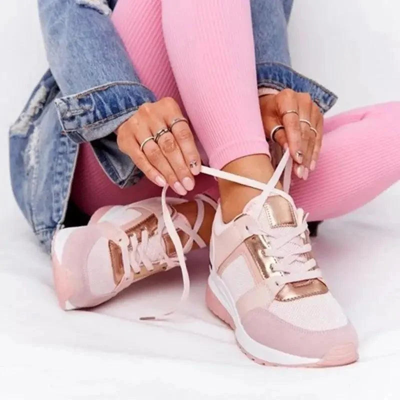 Stevvex Women's Shake Sneakers pink rose-gold metallic panels white laces on Tampa Home & Garden Store