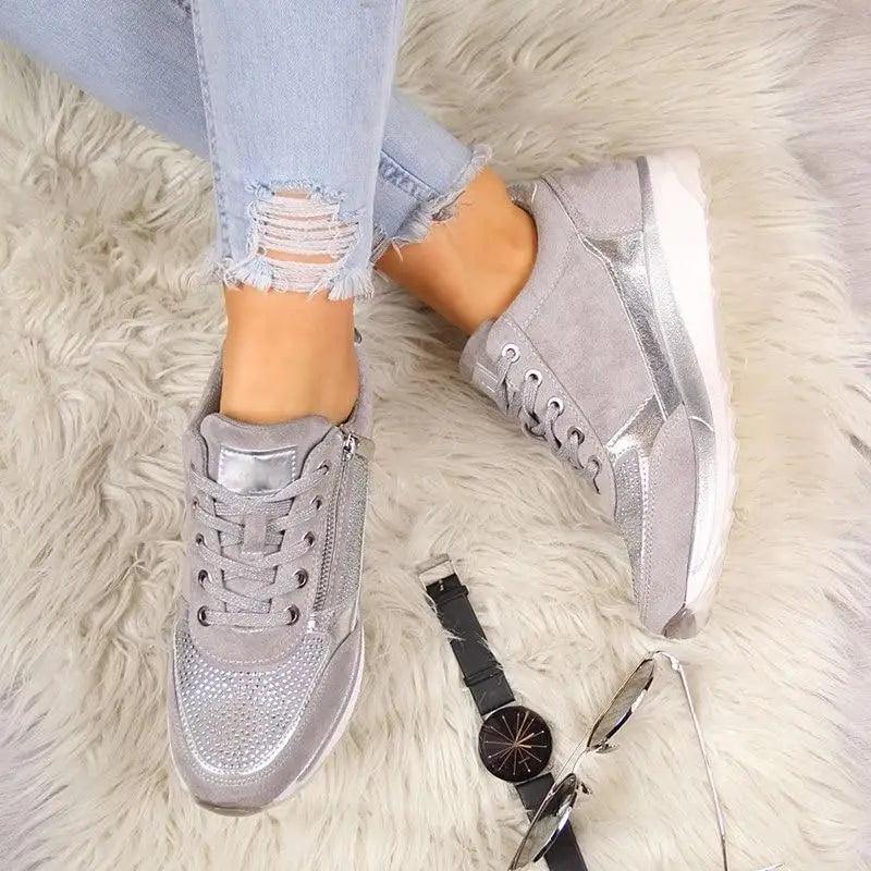 Stevvex Women's Shake sneakers pair in gray suede with metallic heel panel on Tampa Home & Garden Store