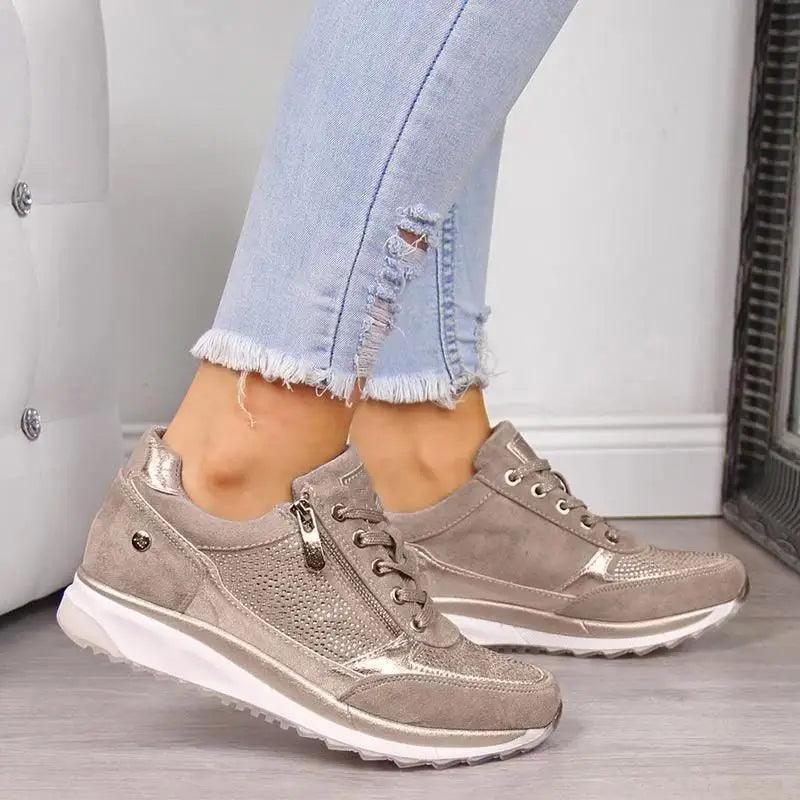 Stevvex women's Shake sneakers metallic beige with mesh panels, side zipper, white sole on Tampa Home & Garden Store