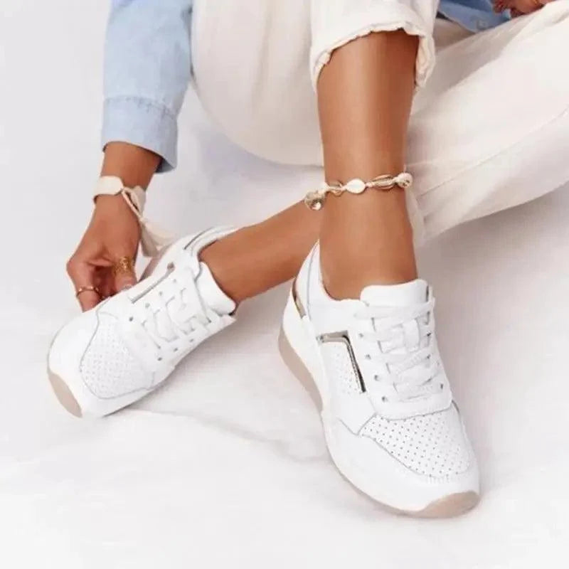 Stevvex Women's Shake Sneakers white perforated upper, lace-up sport casual with beige sole on Tampa Home & Garden Store