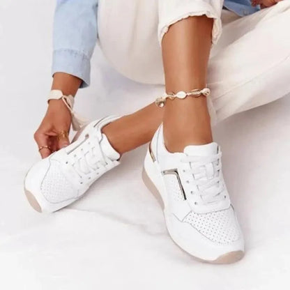 Stevvex Women's Shake Sneakers white perforated upper, lace-up sport casual with beige sole on Tampa Home & Garden Store