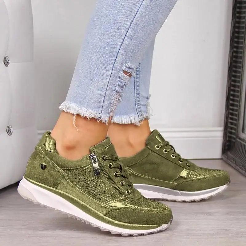 Stevvex Women's Shake Sneakers olive green suede athletic sneakers with white sole non-slip on Tampa Home & Garden Store