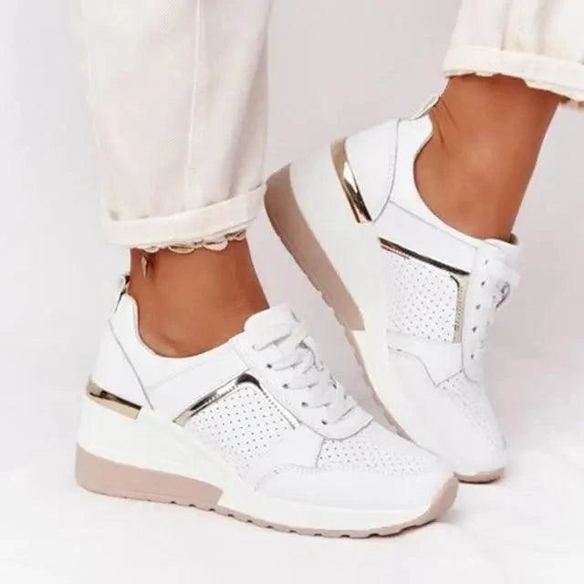 Stevvex Women's Shake Sneakers white with metallic gold accents, perforated panels on Tampa Home & Garden Store