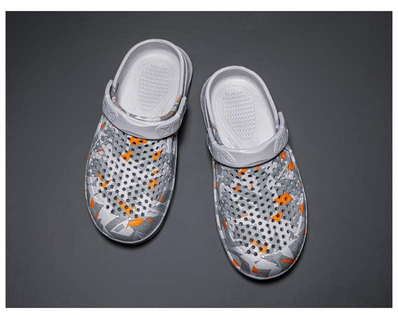 Women's Stevvex slippers gray mesh with orange accents, cushioned slip-on sandals pair on Tampa Home & Garden Store
