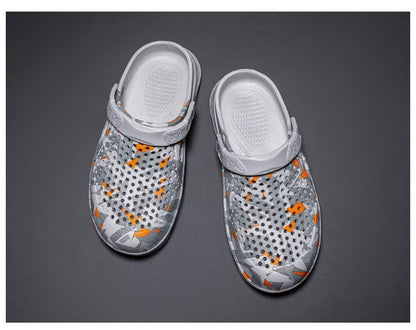 Women's Stevvex slippers gray mesh with orange accents, cushioned slip-on sandals pair on Tampa Home & Garden Store