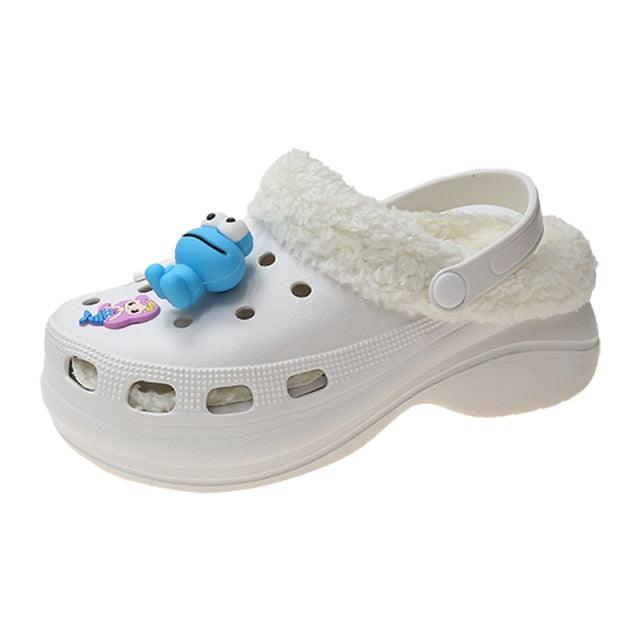 Stevvex women's fluffy slippers with thick sole, white back strap, blue cartoon charm on Tampa Home & Garden Store