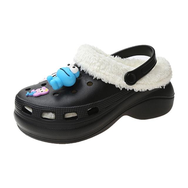 Stevvex women's slippers black clog with white faux fur trim and thick platform sole on Tampa Home & Garden Store