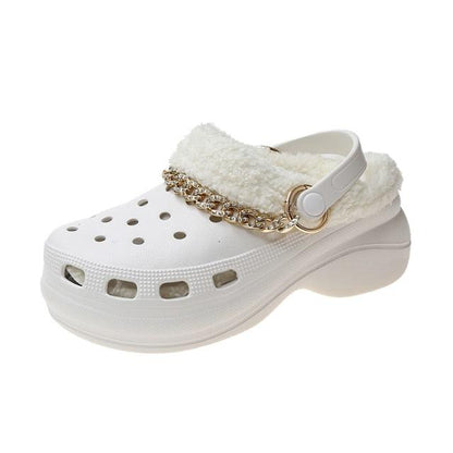 Women's fur-lined white clog with gold chain strap and thick sole by Stevvex on Tampa Home & Garden Store