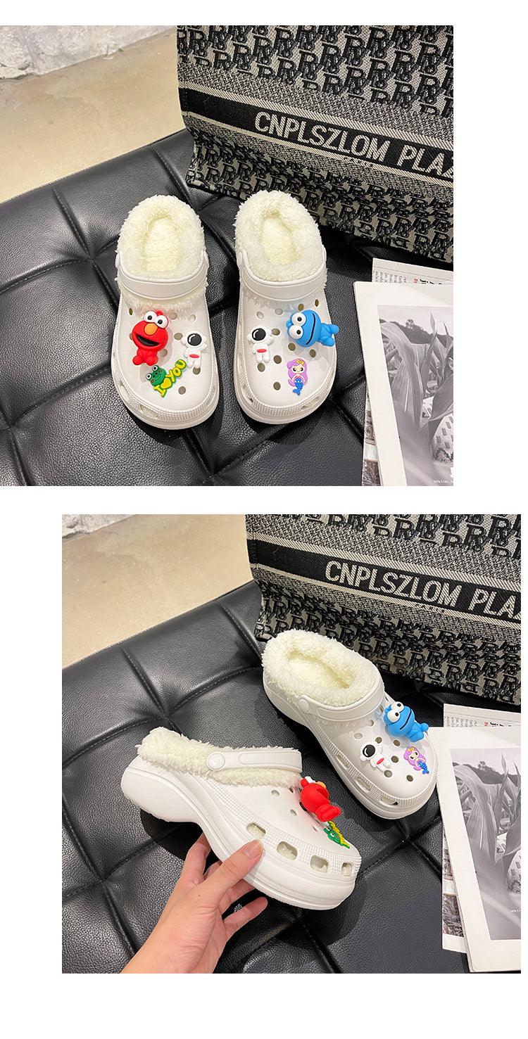 Women's slippers white plush-lined slip-on clogs with cartoon decals Stevvex pair on Tampa Home & Garden Store