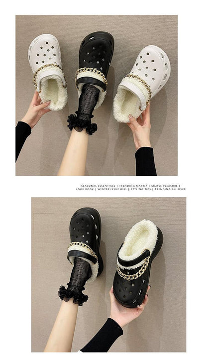 Stevvex women's slippers white and black plush slip-ons with gold chain strap for home on Tampa Home & Garden Store