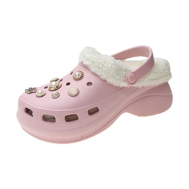 Stevvex women's pink fuzzy-strap clogs with thick sole and jewel accents for home wear on Tampa Home & Garden Store