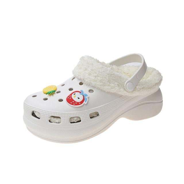 Stevvex womens white clog slipper with plush strap, thick sole and decorative patches on Tampa Home & Garden Store