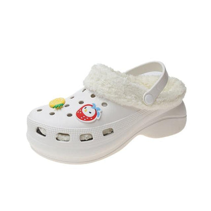 Stevvex womens white clog slipper with plush strap, thick sole and decorative patches on Tampa Home & Garden Store