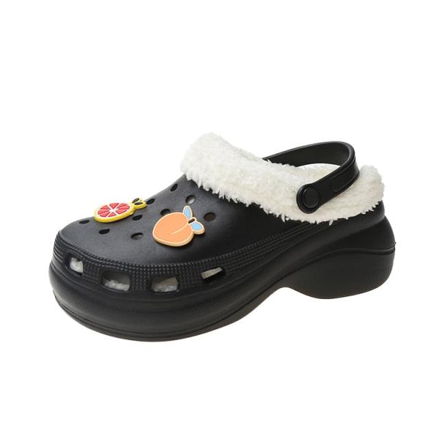 Stevvex women's black leather-like clogs with white faux fur trim and playful fruit patches on Tampa Home & Garden Store