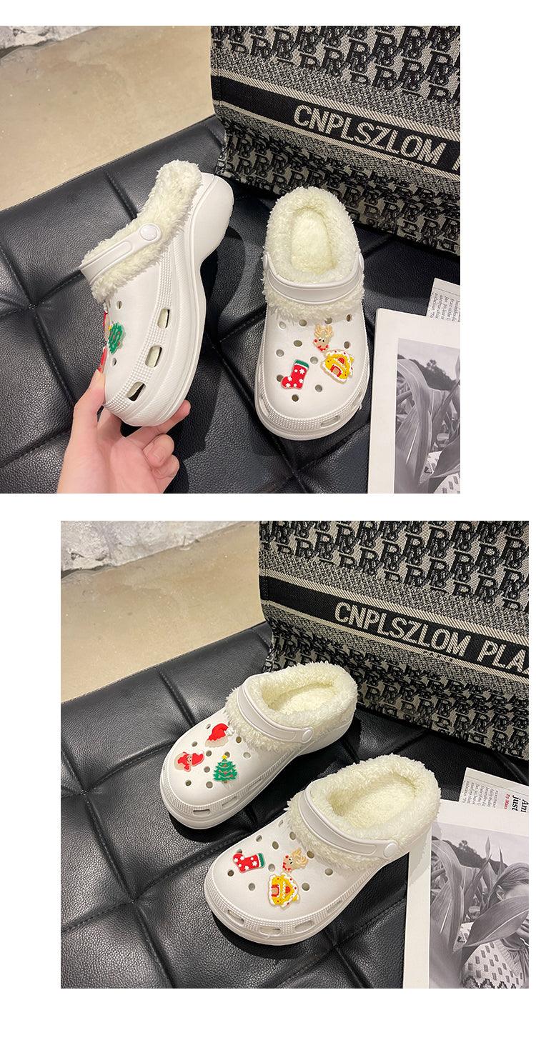 Stevvex white fur-lined slippers with holiday patches for home use on Tampa Home & Garden Store
