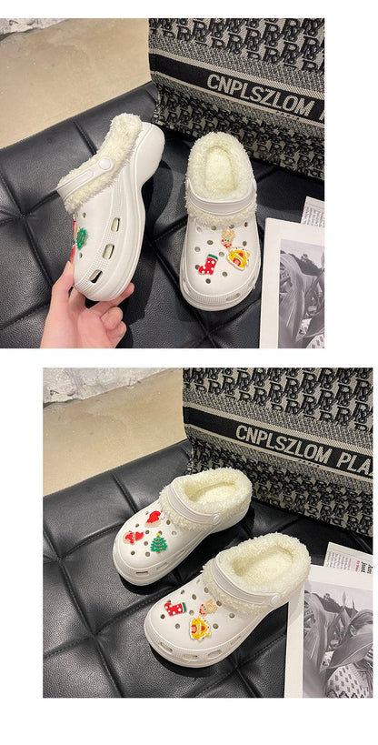 Stevvex white fur-lined slippers with holiday patches for home use on Tampa Home & Garden Store