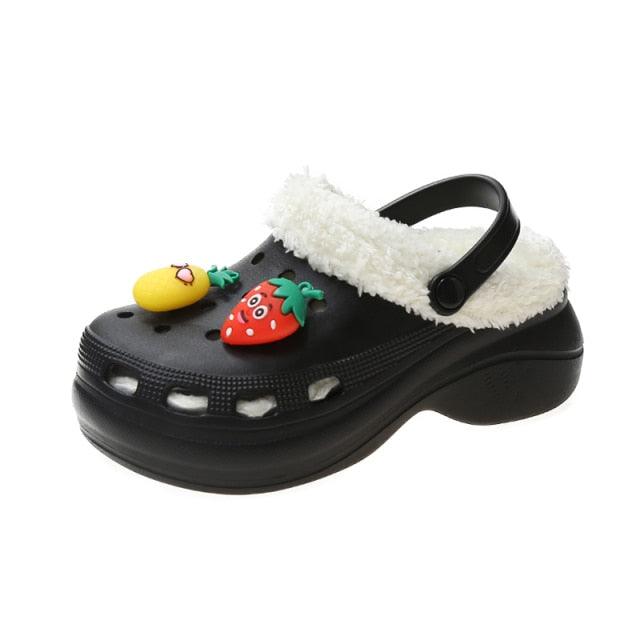 Women’s Stevvex fuzzy-lined platform clogs with back strap and fruit charms on Tampa Home & Garden Store