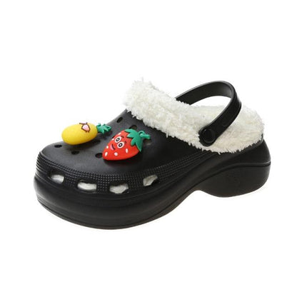 Women’s Stevvex fuzzy-lined platform clogs with back strap and fruit charms on Tampa Home & Garden Store