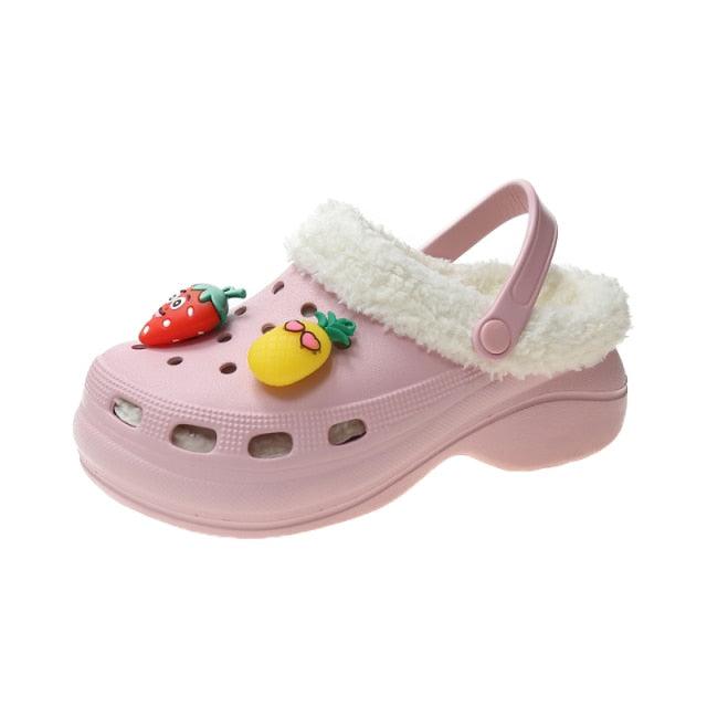 Stevvex women's pink fuzzy-strap clogs with thick sole and strawberry pineapple fruit decor on Tampa Home & Garden Store