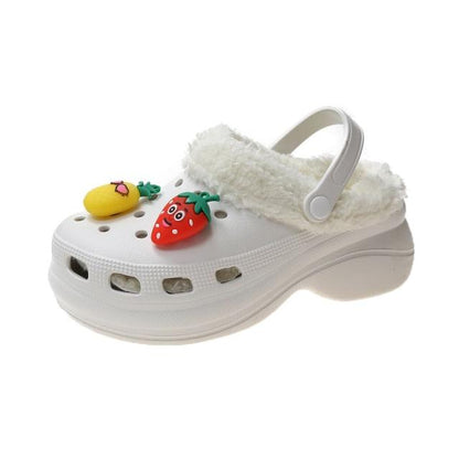Women Slippers Stevvex white foam clogs with plush lining and back strap fruit decorations on Tampa Home & Garden Store