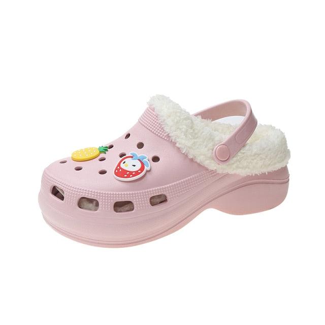 Women's pink slip-on slippers with thick sole, fuzzy lining, strap, and fruit patches Stevvex on Tampa Home & Garden Store