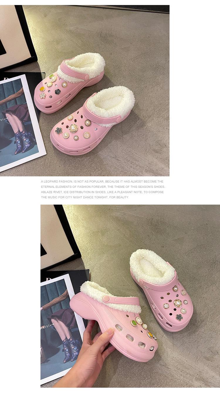 Stevvex women's pink faux-fur slippers with jewel accents, thick sole, pair on Tampa Home & Garden Store