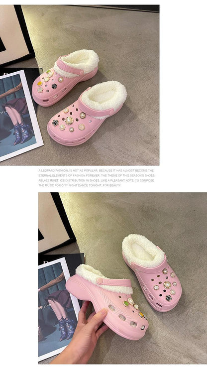 Stevvex women's pink faux-fur slippers with jewel accents, thick sole, pair on Tampa Home & Garden Store