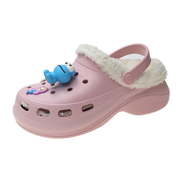 Women's pink Stevvex slippers with thick sole, fluffy lining, back strap, blue charm on Tampa Home & Garden Store