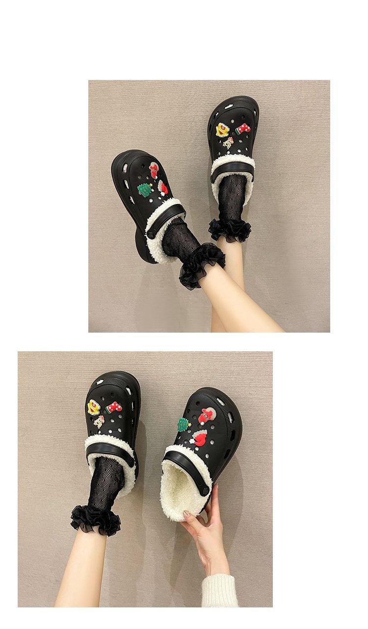 Stevvex womens black faux-fur lined slippers with colorful embroidery for home use on Tampa Home & Garden Store