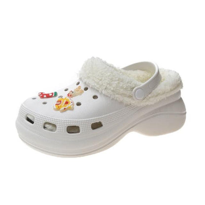 Stevvex Women's fluffy white clog slippers with thick sole and faux fur strap on Tampa Home & Garden Store