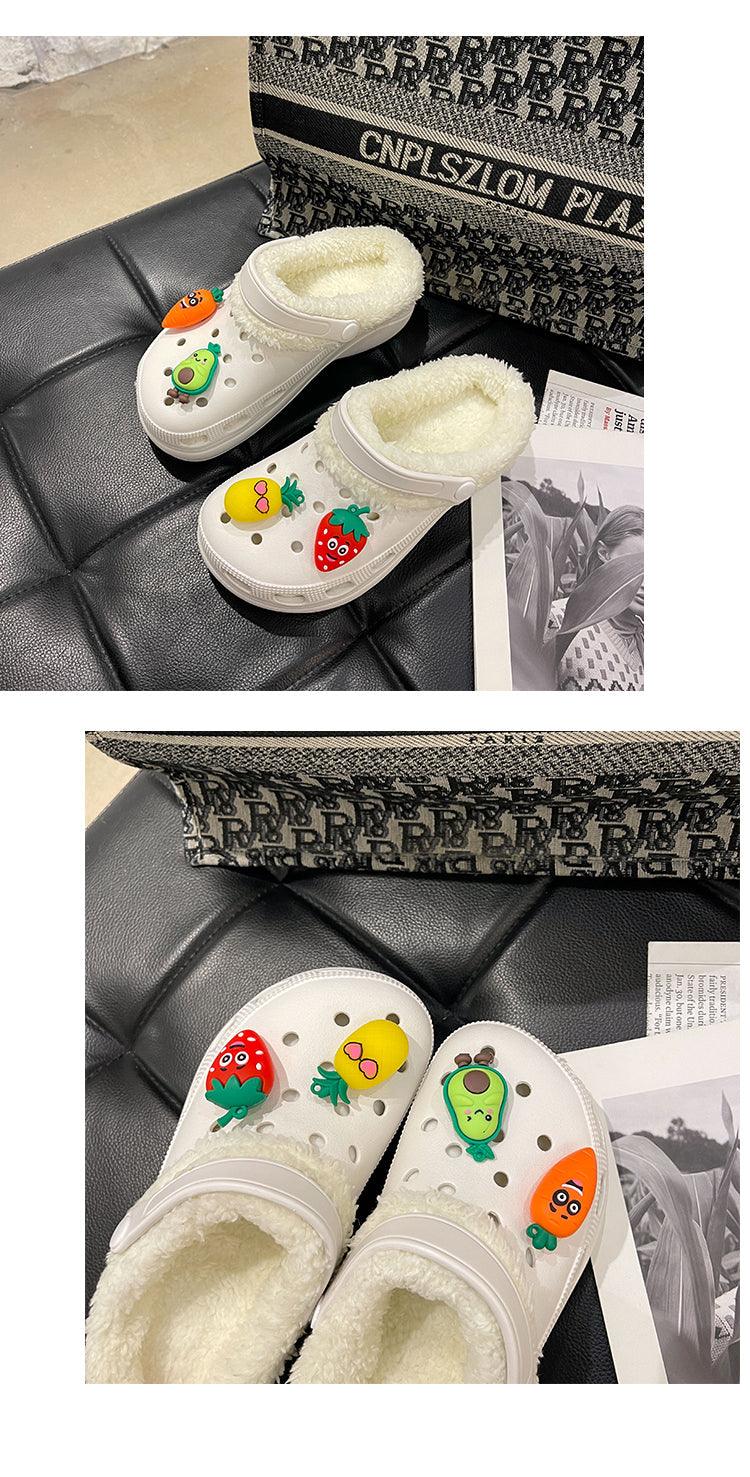 Stevvex women's white slip-on slippers with plush lining and cute fruit decals for indoor wear on Tampa Home & Garden Store