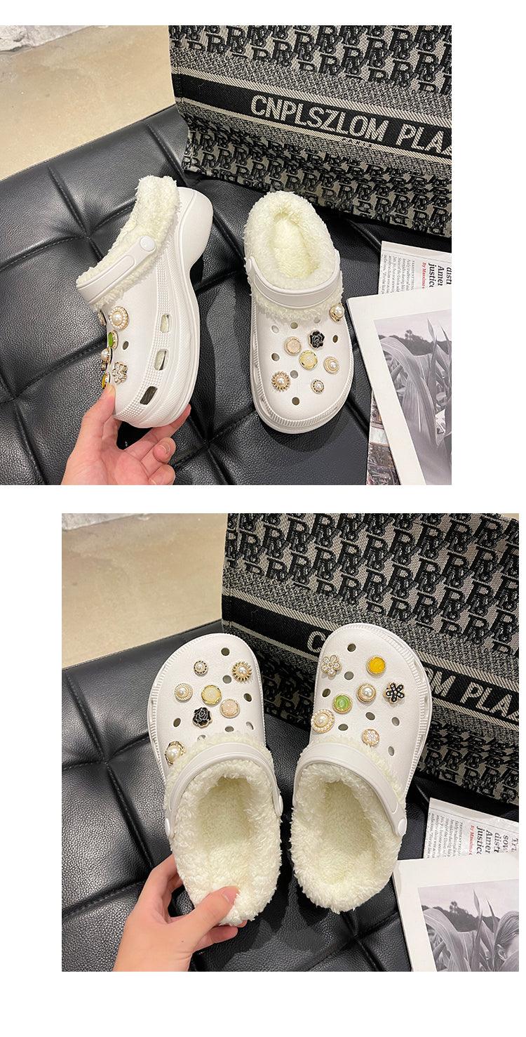 Women’s Slippers Stevvex white slip-on with plush shearling lining, back strap and gem studs on Tampa Home & Garden Store